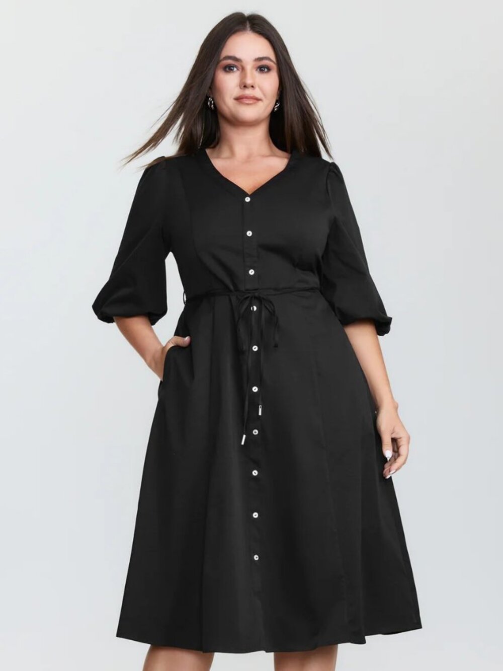 Bloom Chic Women's  22-24 Black Button Down Kimono Sleeve Belted Collared Dress